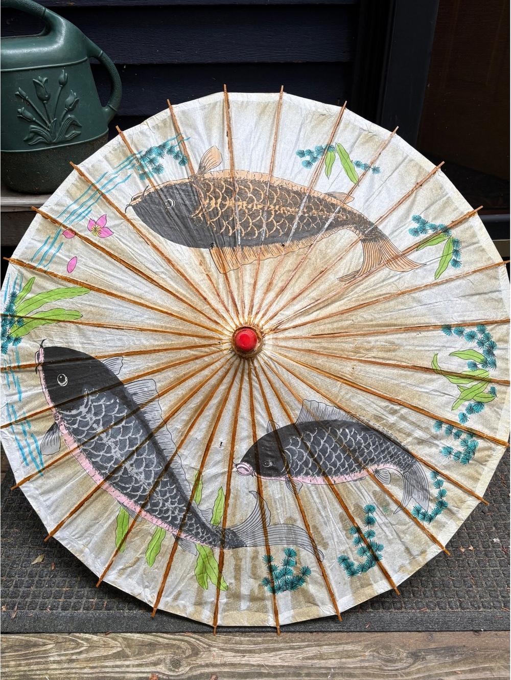 Vintage Asian Paper Parasol with Koi Fish Design